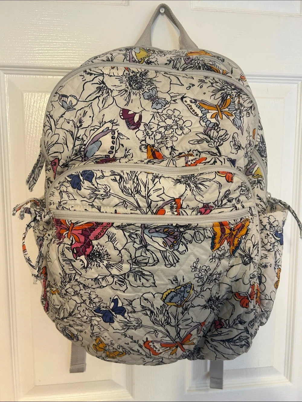 Vera Bradley Cream Quilted Backpack with Multicolor Butterfly & Floral Accents